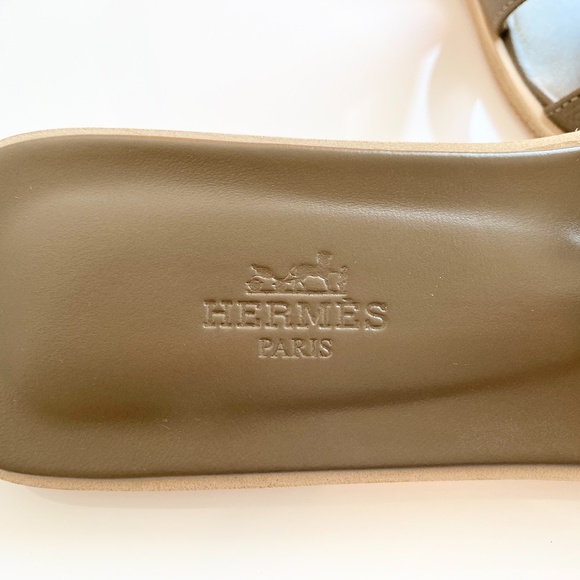 HERMES H ORAN SANDALS ETOUPE EPSOM LEATHER FLIP FLOPS SHOES FLAT SLIDES 38 - Picture 7 of 13